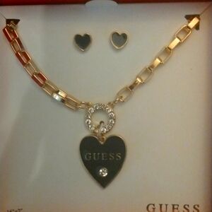 Guess Gold and Black Heart Necklace With Earrings
